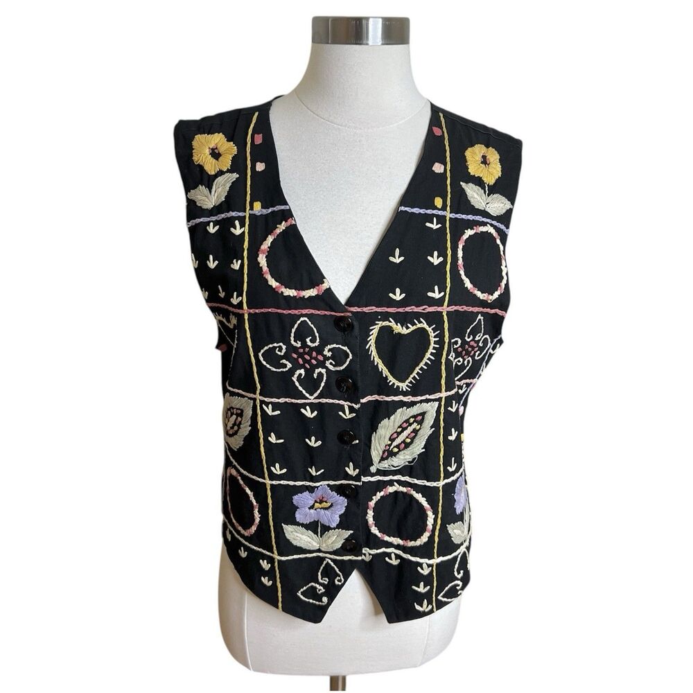Vintage Embroidered Boho Folk Vest Black Floral Button Front Womens M